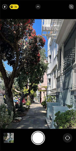 Camera app taking photo of sidewalk and trees